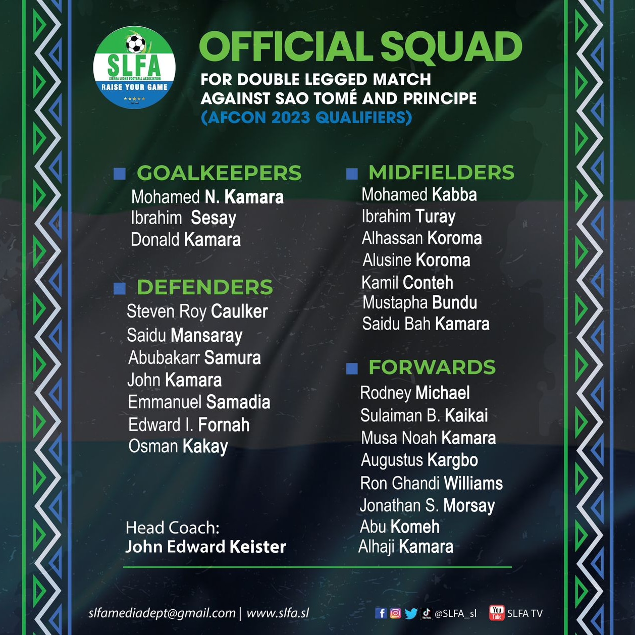Keister named squad for Sierra Leone doubleheader against Sao Tome and Principe